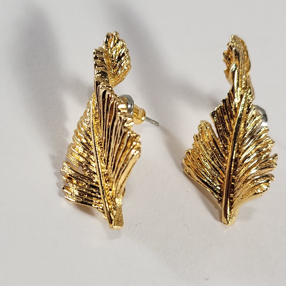 Gold Leaf Stud Earrings Gold Textured Botanical Plume Costume Jewelry